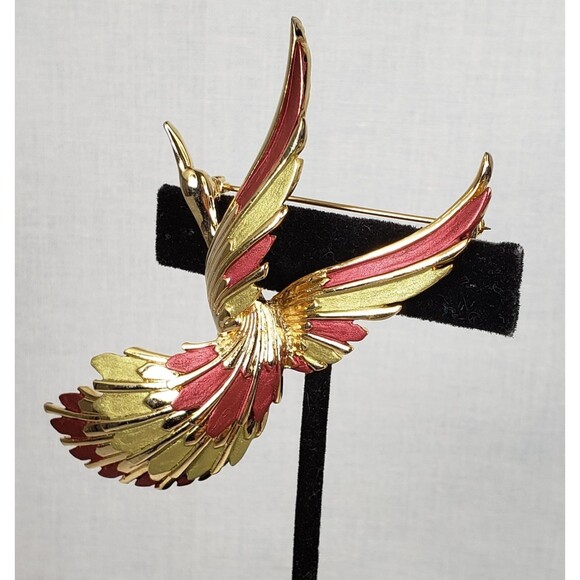 Vitage 1990s Bird Of Paradise In Flight Gold Tone Mauve Mint Green Enamel Brooch - Picture 4 of 11